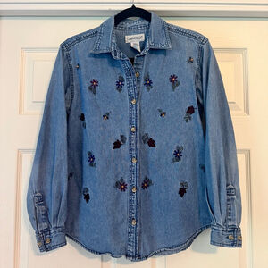 Vintage Cabin Creek Blue Embroidered Denim Button Down Shirt Small